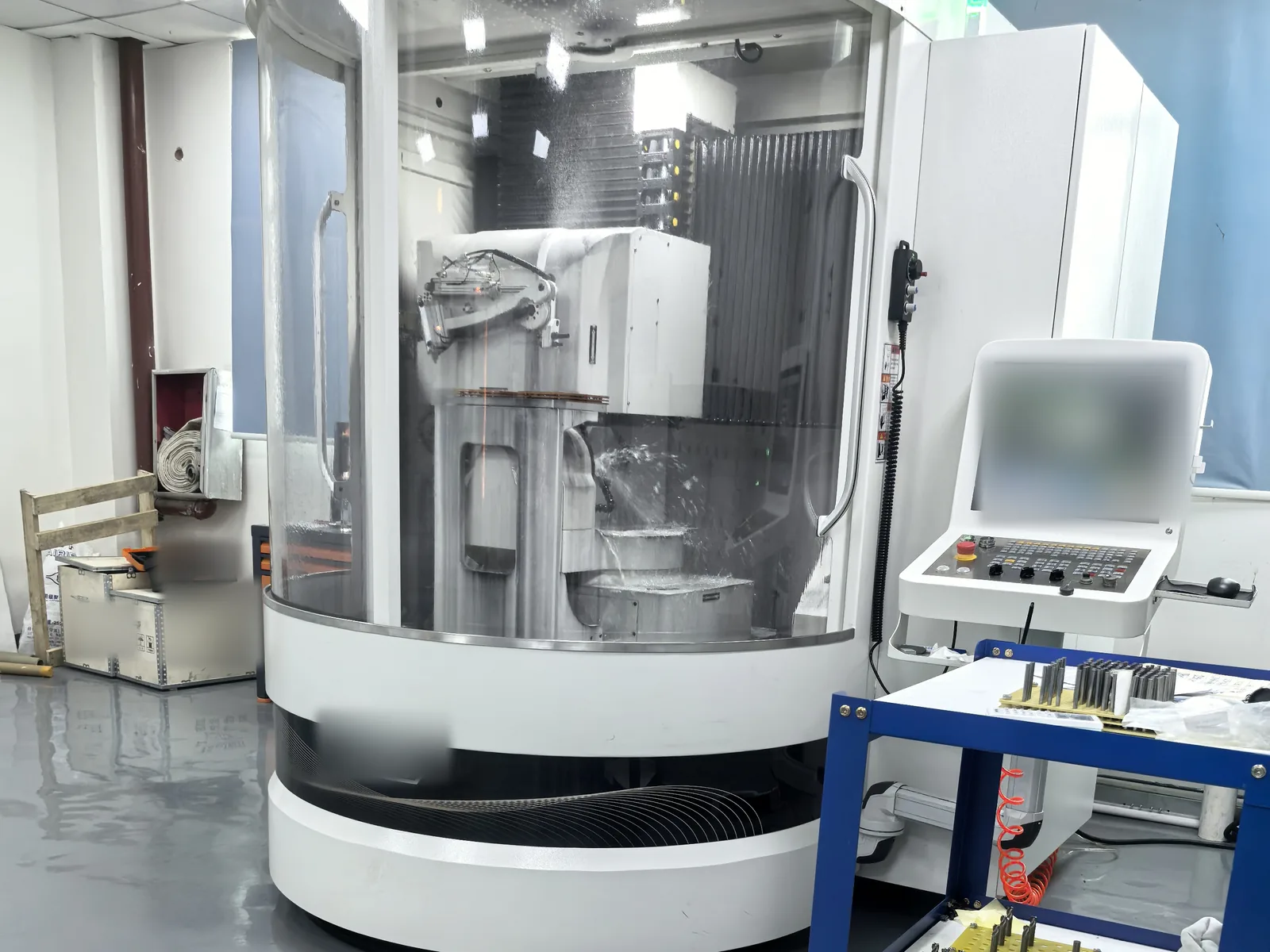 Precision grinding workstation with cutting tools prepared for inspection